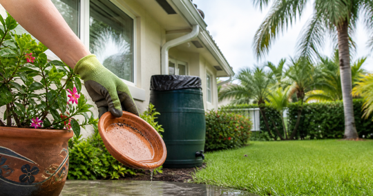 Gloved hand emptying rainwater from a flowerpot saucer beside a South Florida home and tropical yard.