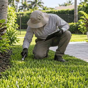 Technician inspecting yard for fleas and ticks