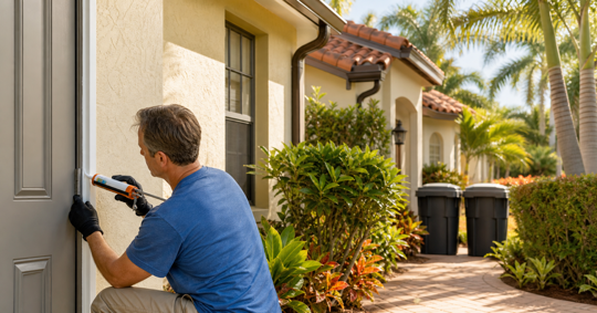 Homeowner sealing a door-frame gap outside a landscaped South Florida home.